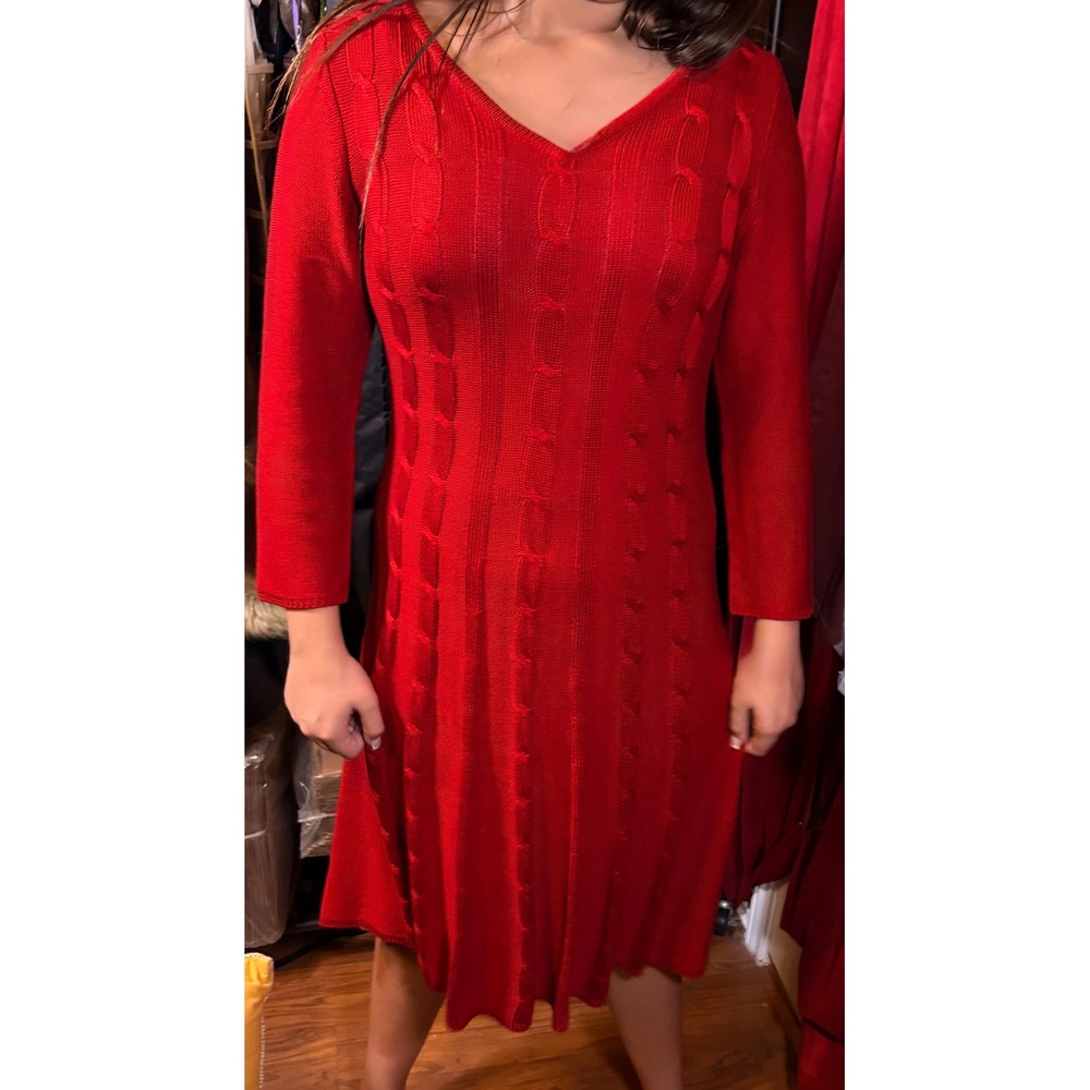 Nine West Sweater Dress Women L Red Excellent Cable Knit Fit Flare V-Neck Midi
